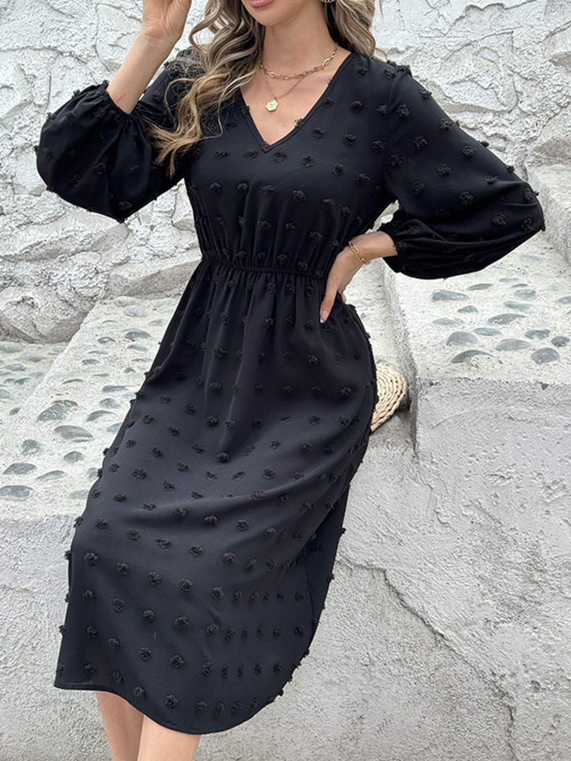 Full Size Swiss Dot V-Neck Long Sleeve Midi Dress