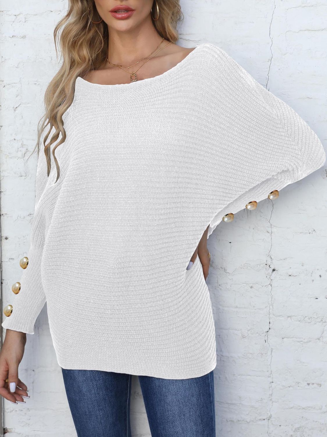 Full Size Boat Neck Long Sleeve Sweater