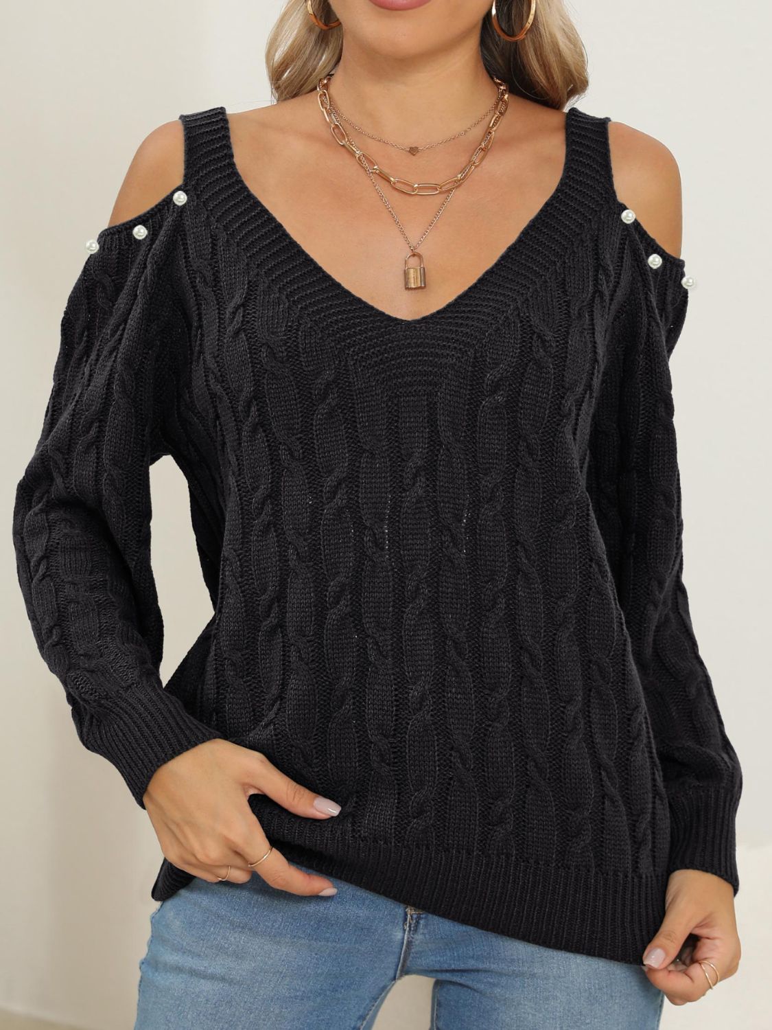 Cable-Knit Cold Shoulder Sweater