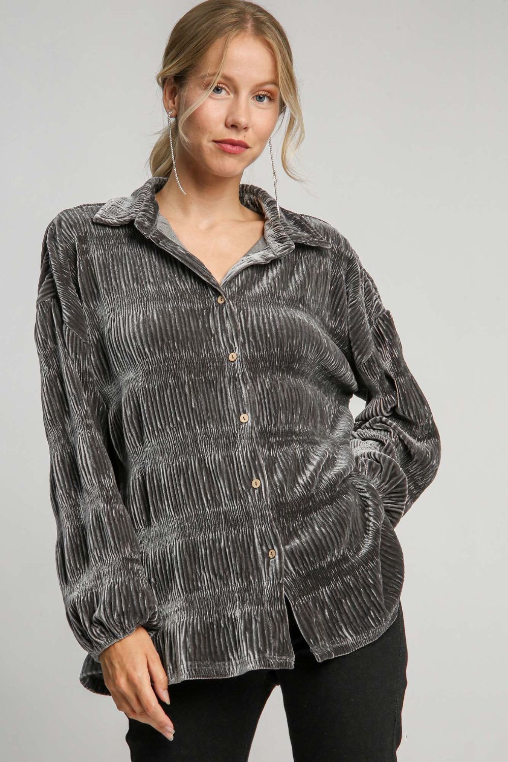 Umgee Ruched Tiered Button Up Shirt